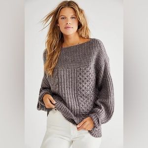 Free People New Dream Pullover Cable Knit Oversized Sweater Gray Chunky